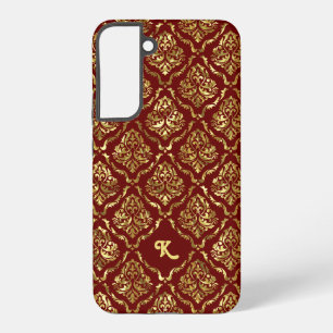 Elegant Metallic Gold Damasks Pattern On Dark Red Samsung Galaxy Case
