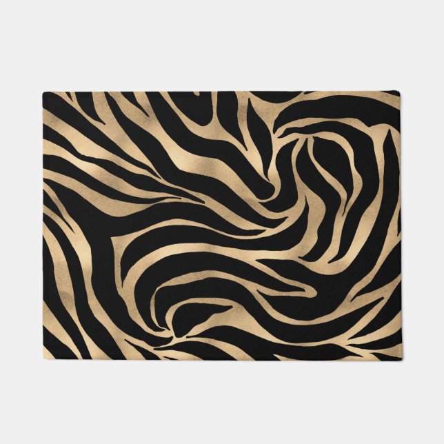 Elegant Metallic Gold Zebra Black Animal Print Doormat (Front)