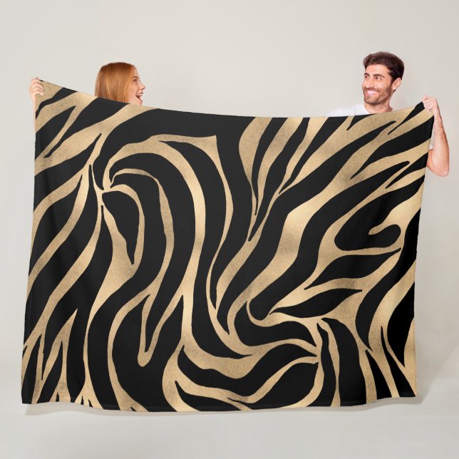 Elegant Metallic Gold Zebra Black Animal Print Fleece Blanket (In Situ)