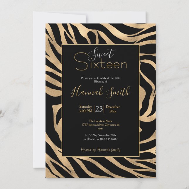 Elegant Metallic Gold Zebra Black Animal Print Invitation (Front)
