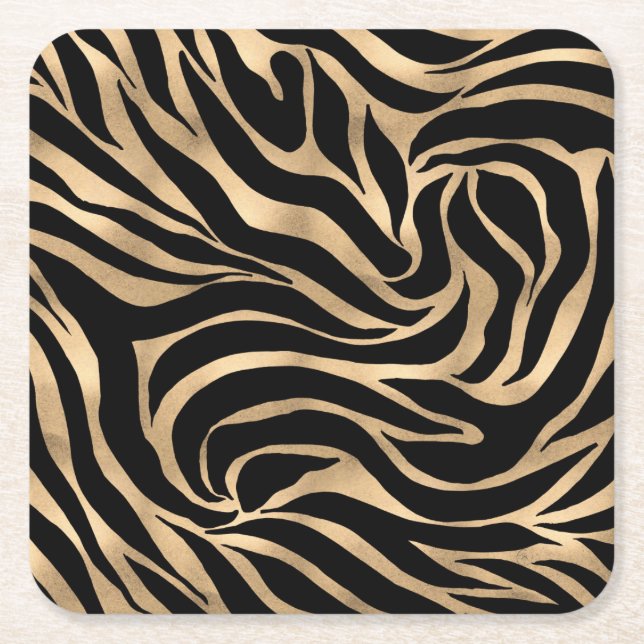 Elegant Metallic Gold Zebra Black Animal Print Square Paper Coaster (Front)