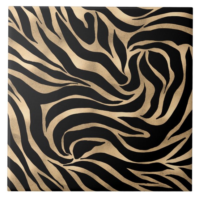 Elegant Metallic Gold Zebra Black Animal Print Tile (Front)