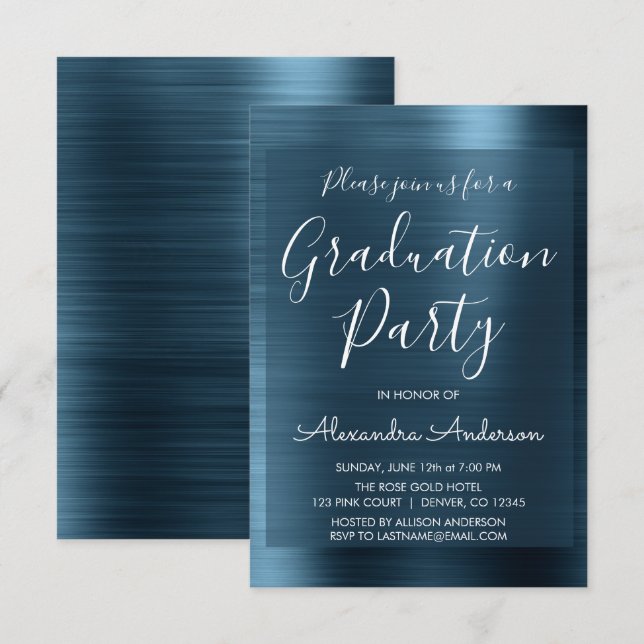 Elegant Metallic Navy Blue Graduation Party Invitation (Front/Back)