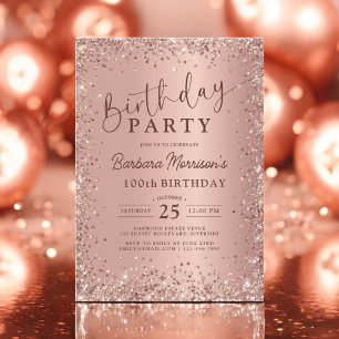 Elegant Metallic Rose Gold Glitter 100th Birthday  Invitation