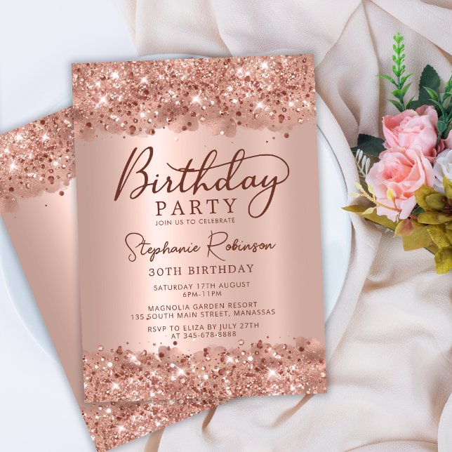Elegant Metallic Rose Gold Glitter 30th Birthday Invitation (Creator Uploaded)