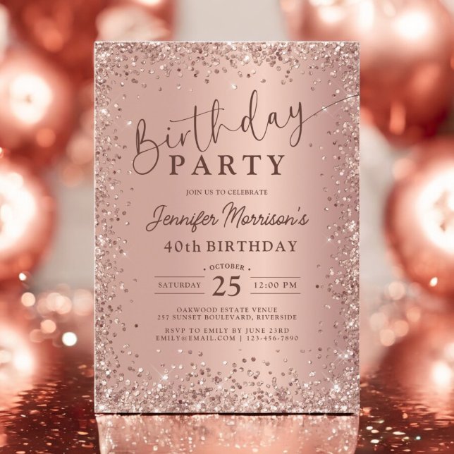 Elegant Metallic Rose Gold Glitter 40th Birthday  Invitation (Creator Uploaded)
