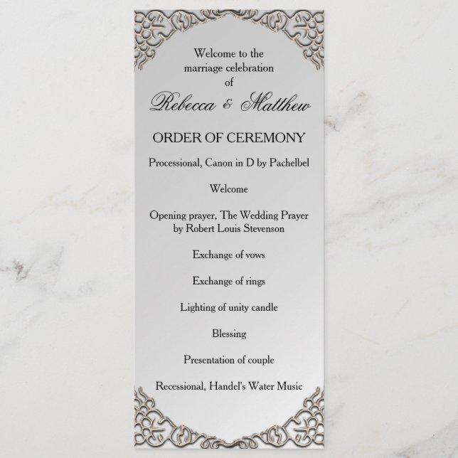 Elegant Metallic Silver Wedding Programme (Front)