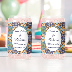 Elegant Mexican Floral Talavera Oval Wedding Can Glass