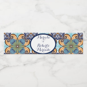 Elegant Mexican Floral Talavera Wedding  Water Bottle Label