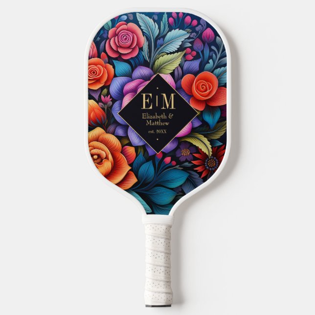 Elegant Mexican Folk Art Floral Custom Monogram Pickleball Paddle (Front)