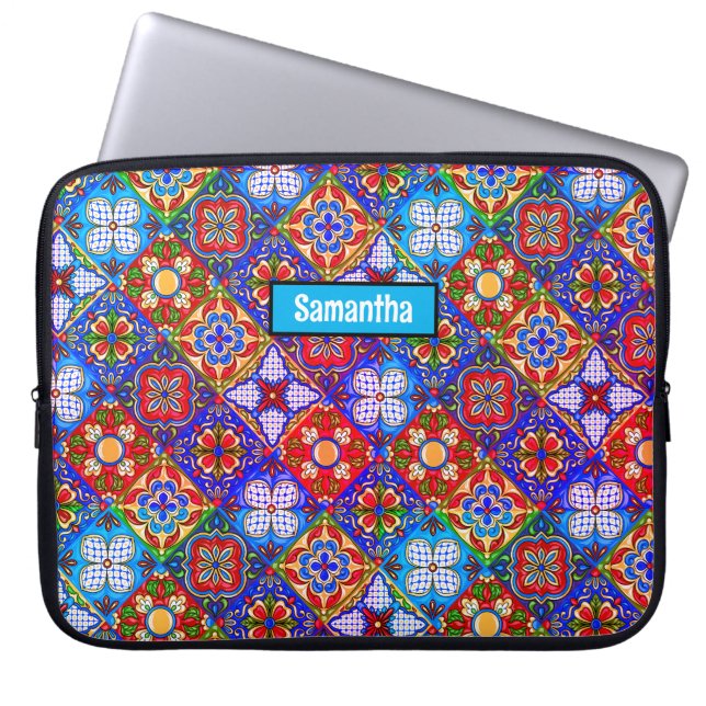 Elegant Mexican talavera red blue purple tiles Laptop Sleeve (Front)
