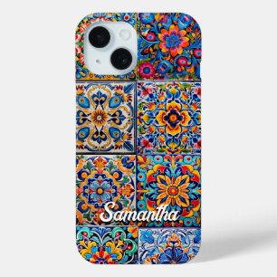 Elegant Mexican talavera red yellow tiles monogram iPhone 15 Case