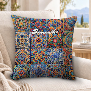 Elegant Mexican talavera red yellow tiles monogram Cushion