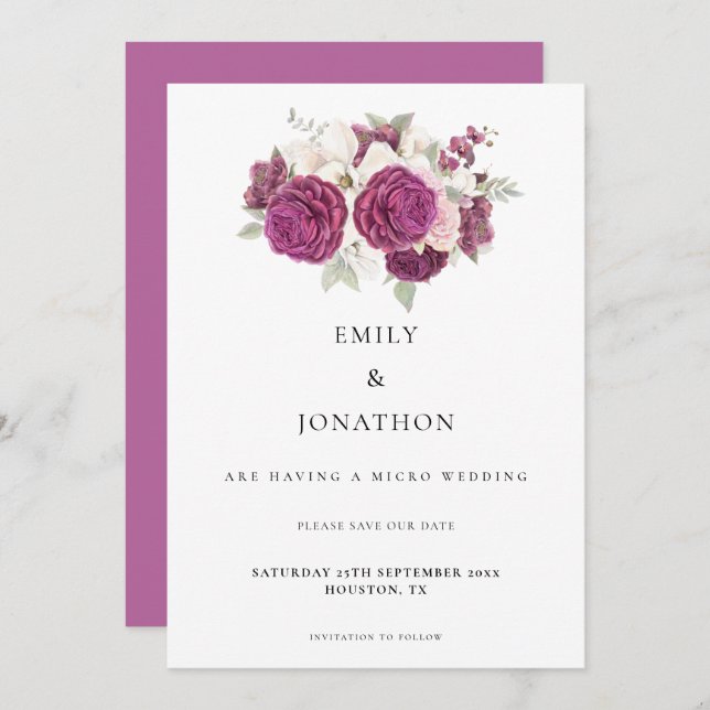 Elegant Micro Wedding Burgundy Florals Rose Pink Save The Date (Front/Back)
