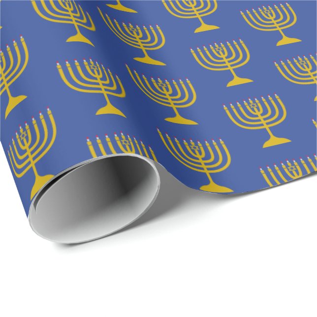 Elegant Mid Blue | Hanukkah | MENORAH Wrapping Paper (Roll Corner)