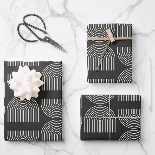 Elegant Mid Century Mod Arch Lines Black and White Wrapping Paper Sheet (Front)