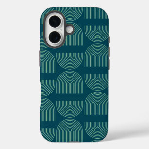 Elegant Mid Century Mod Arch Lines in Teal Blue   iPhone 16 Case