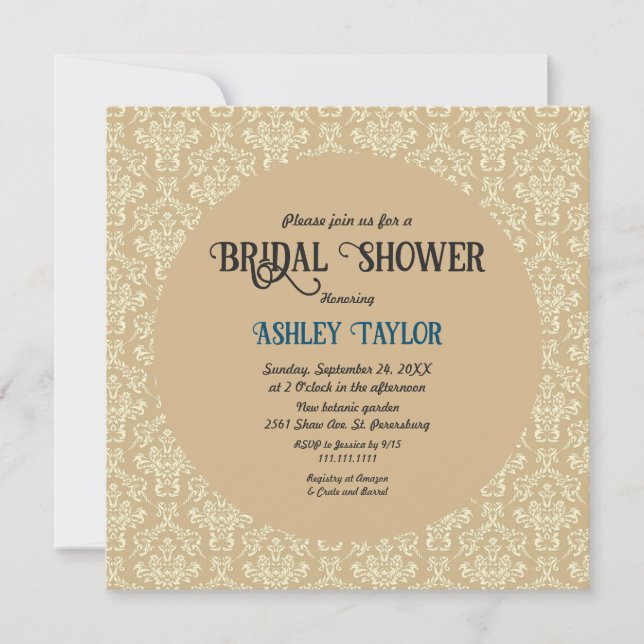 Elegant Mid Century Modern Damask Bridal Shower Invitation (Front)