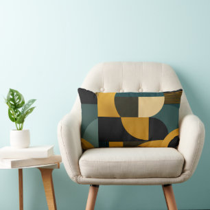 Elegant Mid-Century Modern Gold and Teal Geometric Lumbar Cushion