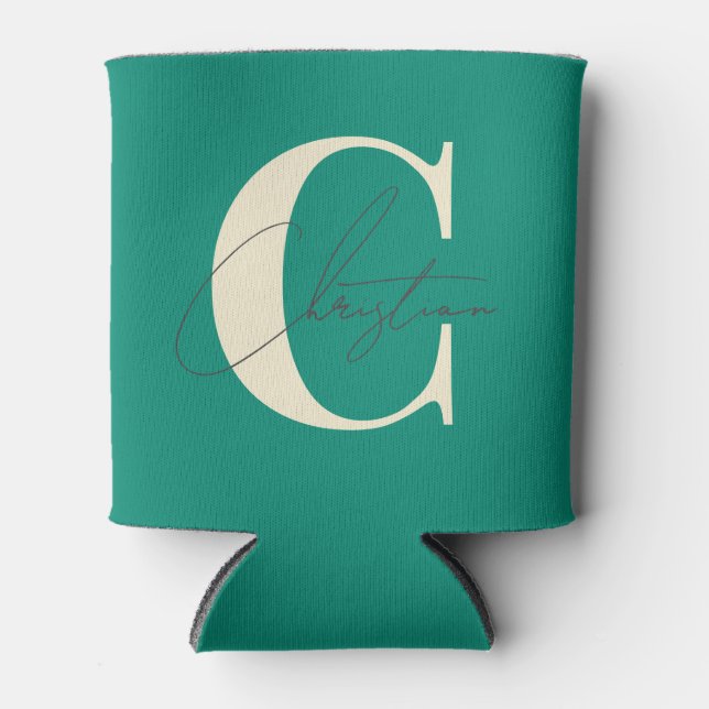 Elegant Mid-Century Modern Monogram Aqua Beach Can Cooler (Front)