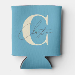 Elegant Mid-Century Modern Monogram Aqua Sky Can Cooler