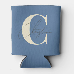 Elegant Mid-Century Modern Monogram Capri Blue Can Cooler
