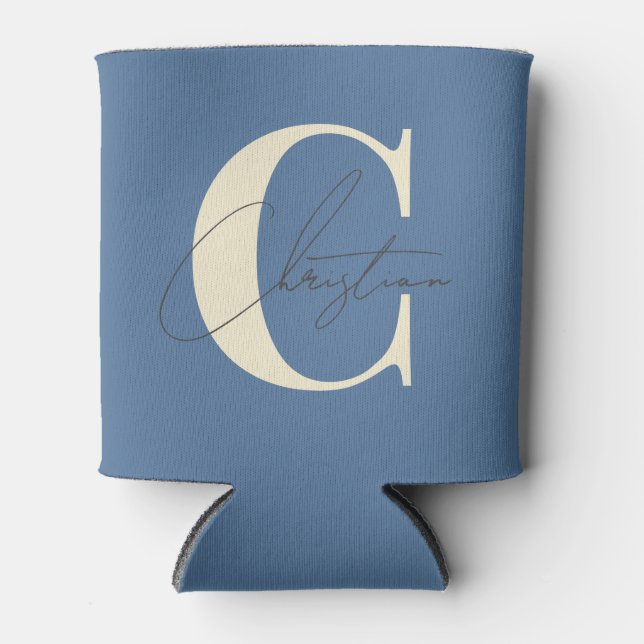 Elegant Mid-Century Modern Monogram Capri Blue Can Cooler (Front)