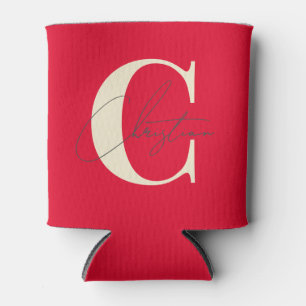 Elegant Mid-Century Modern Monogram Cherry Pink Can Cooler