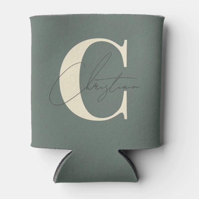 Elegant Mid-Century Modern Monogram Warm Grey Can Cooler (Front)