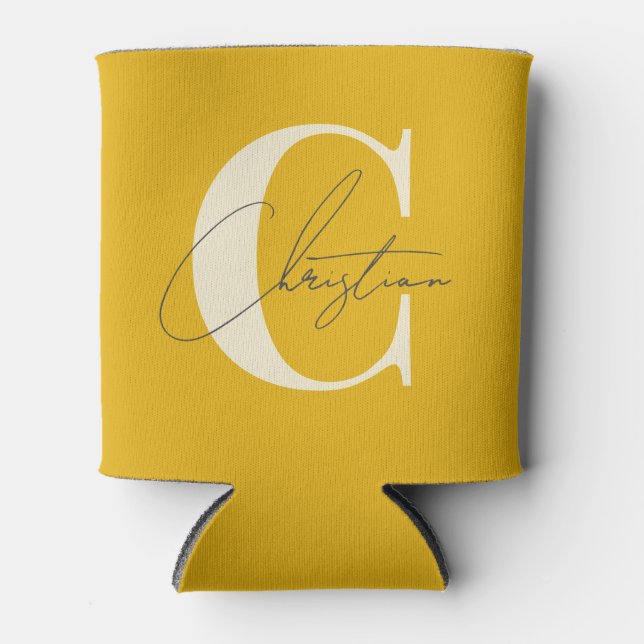 Elegant Mid-Century Modern Monogram Warm Sunflower Can Cooler (Front)
