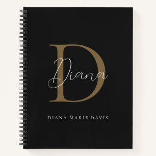 Elegant Midnight Black Mossy Gold Script Monogram Notebook