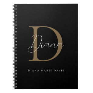 Elegant Midnight Black Mossy Gold Script Monogram Notebook