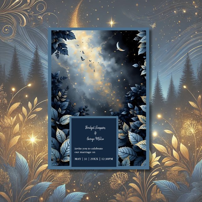 Elegant Midnight Blue and Gold Forest Wedding  Invitation (Creator Uploaded)