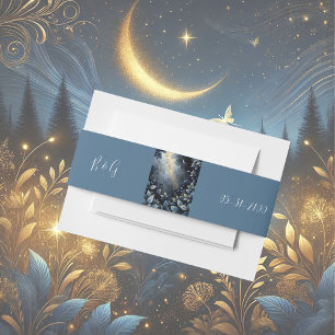 Elegant Midnight Blue and Gold Forest Wedding Invitation Belly Band
