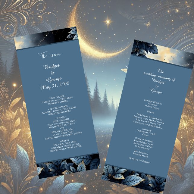 Elegant Midnight Blue and Gold Forest Wedding Programme (Creator Uploaded)