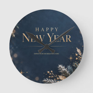 Elegant Midnight Blue and Gold Happy New Year Round Clock