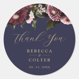 Elegant Midnight Blue Burgundy Floral Wedding Classic Round Sticker