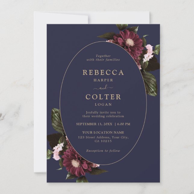 Elegant Midnight Blue Burgundy Floral Wedding  Invitation (Front)