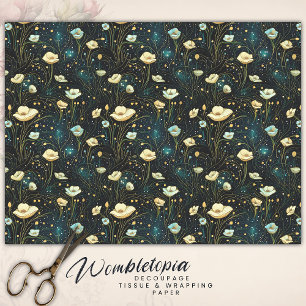 Elegant Midnight Blue Celestial Floral Decoupage Tissue Paper