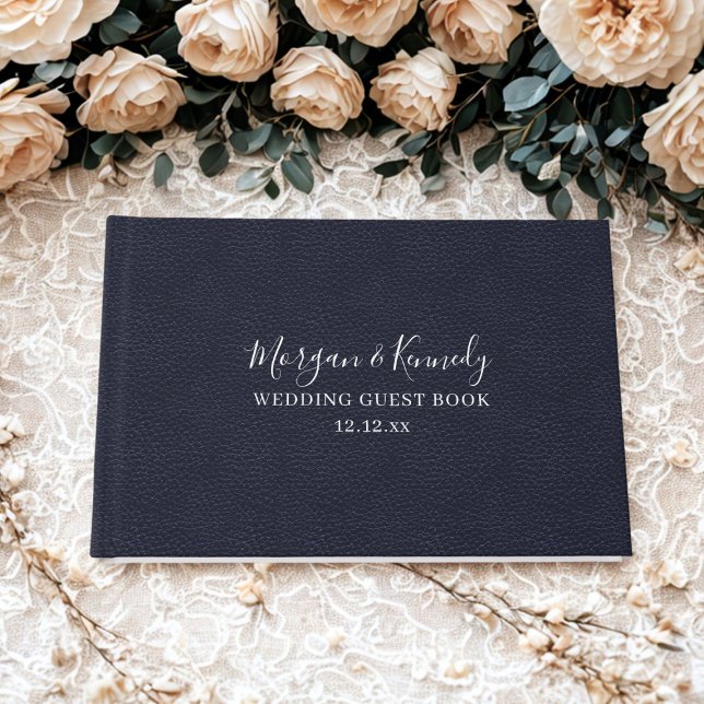Elegant Midnight Blue Faux Leather Look Wedding Guest Book (An elegant midnight blue faux leather look wedding guest book with space for your details)