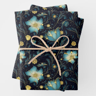 Elegant Midnight Blue & Gold Floral Christmas  Wrapping Paper Sheet