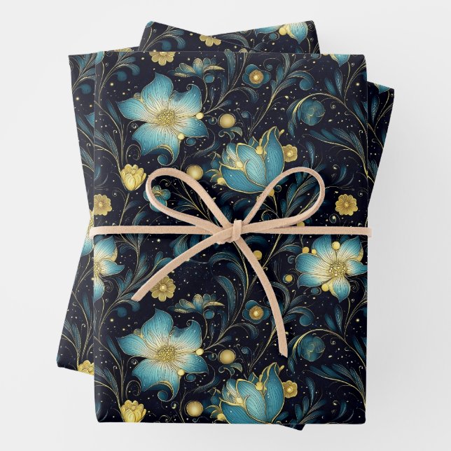 Elegant Midnight Blue & Gold Floral Christmas  Wrapping Paper Sheet (In situ)