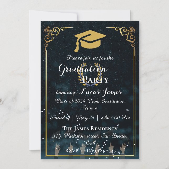 Elegant Midnight Blue & Gold Graduation Invitation (Front)