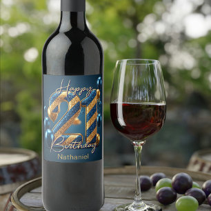 Elegant Midnight Blue & Gold Striped 21st Birthday Wine Label