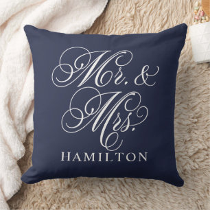 Elegant Midnight Blue Mr. and Mrs. Script Monogram Cushion