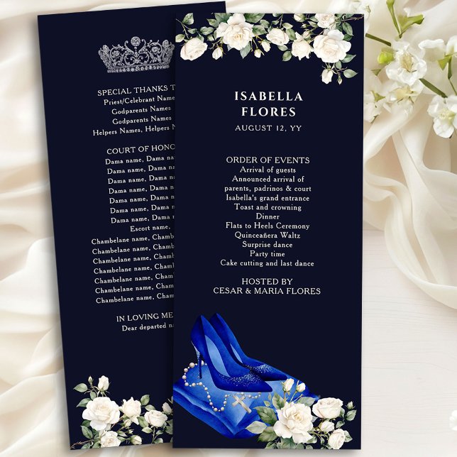 Elegant Midnight Blue Quinceanera Tiara and Roses Programme (Mis Quince Program from the Princess Dress and Roses Quinceanera collection by Darling & May)