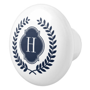 Elegant Midnight Blue Wreath Crest Monogram Ceramic Knob