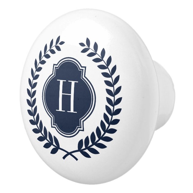 Elegant Midnight Blue Wreath Crest Monogram Ceramic Knob (Right)