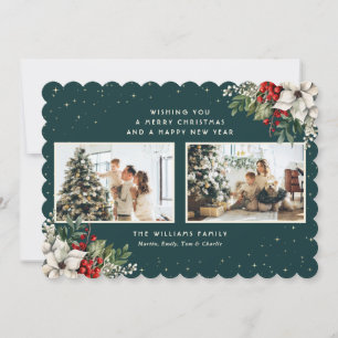 Elegant Midnight Green Winter Botanicals 2 Photo Holiday Card