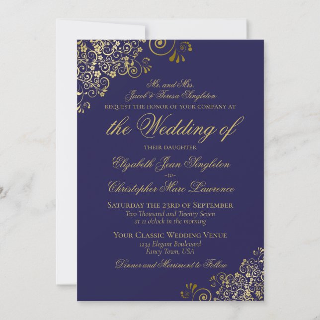 Elegant Midnight Navy Blue & Gold Formal Wedding Invitation (Front)